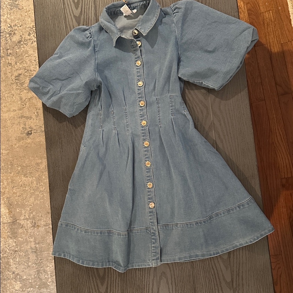 House of Harlow 1960 Dress  -Light Blue Denim Button-Front Puff Sleeve Dress